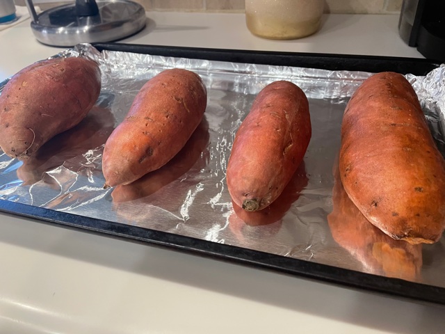 Sweet potatoes ready to go into the oven