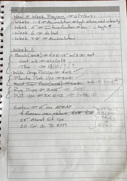 One of my workouts written out and with notes from doing said workout. Shows how I track and record my workouts.
