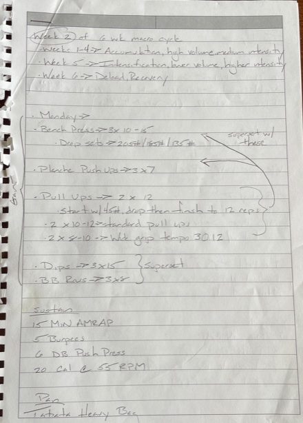 One of my workouts written out and with notes from doing said workout. Shows how I track and record my workouts.
